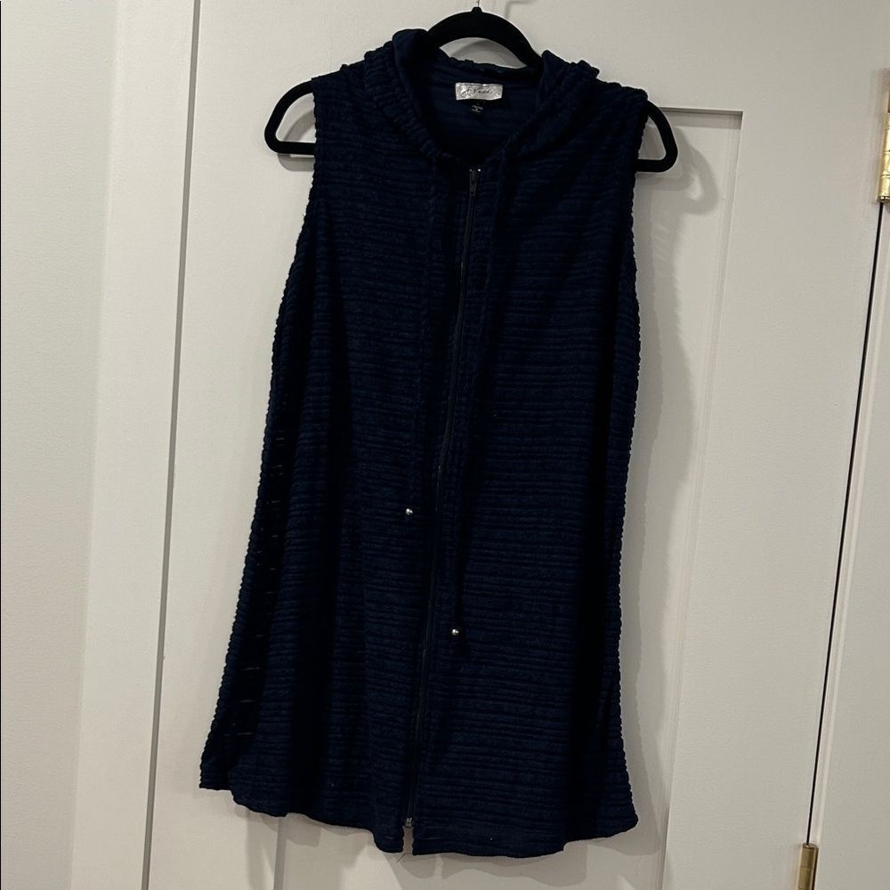 J. Valdi Sleeveless, Zip Up Navy Terry Hooded Coverup, Size Large